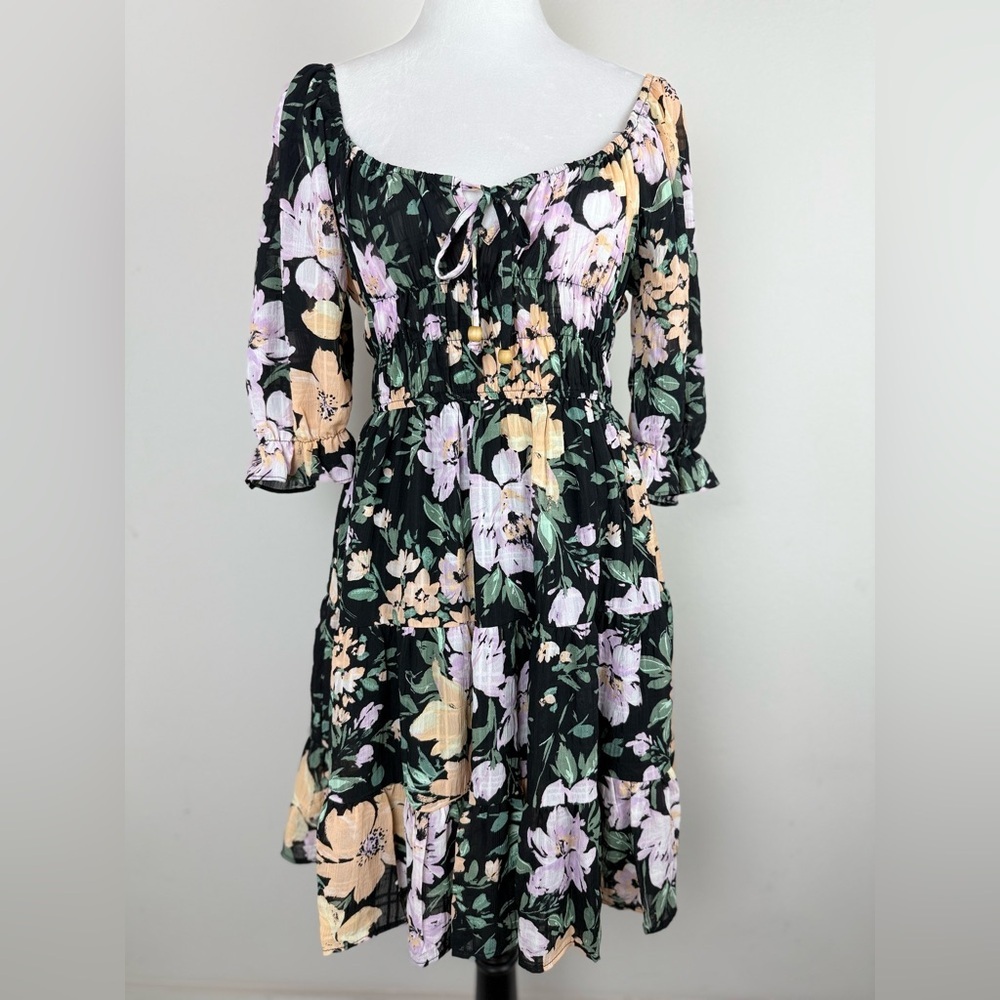 Liberty Love Black Floral Mini Dress with Lavender and Pale Yellow Blooms